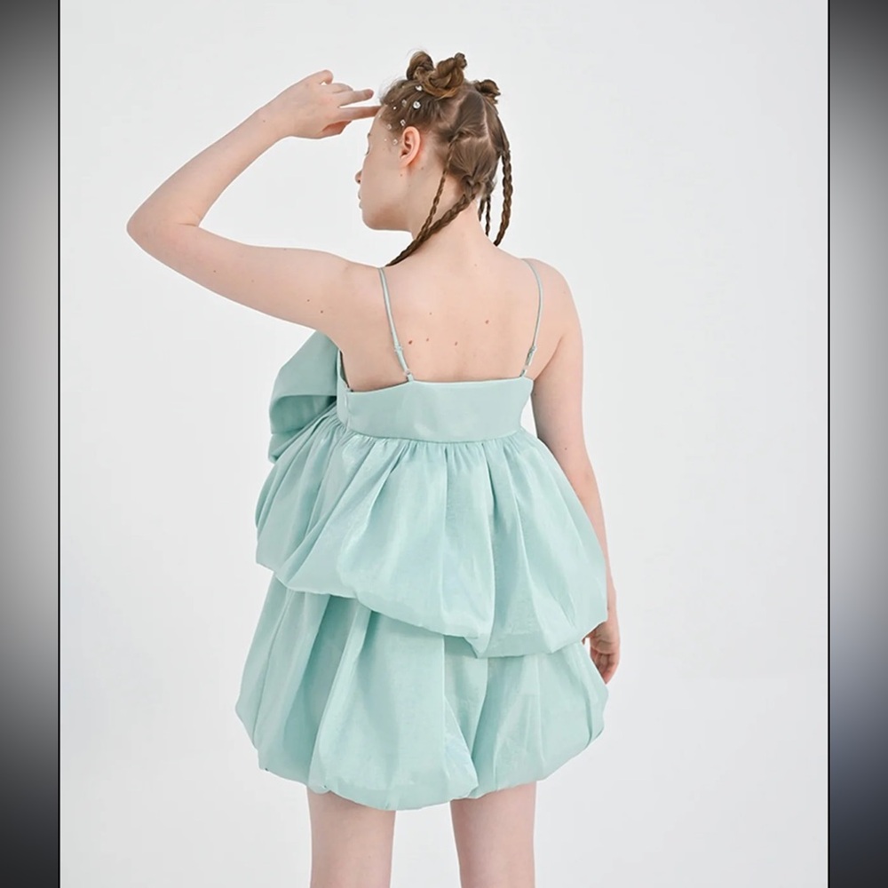 IN STUDIO Light Blue Dress Big Bow Mini Silky Unique Dress